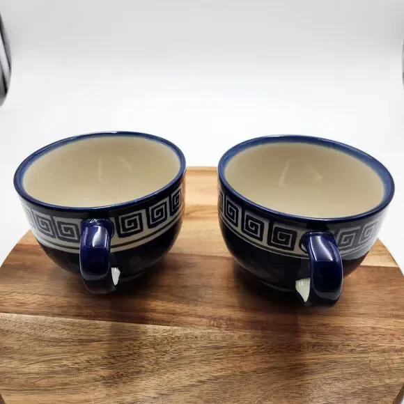 Pair Boleslawiec Polish Pottery Mugs Hand Made Cobalt Blue Greek Key Dot READ - Picture 3 of 10